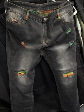 Men's Distressed Black Jeans with Colorful Patch Details size 38